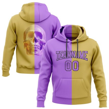 Custom 3D Skull Hoodie for Sports - Personalized Old Gold Purple-Black Pullover Sweatshirt with Name and Number Personalized