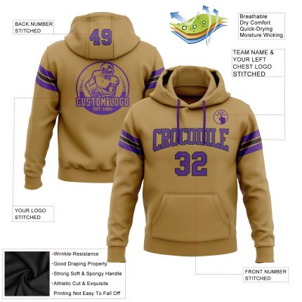 Custom Name Number Football Hoodie Sweatshirt Old Gold Purple Black Pullover Personalized Team Apparel Personalized Stitched