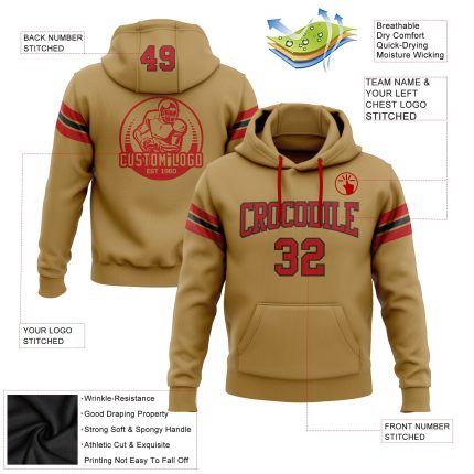 Custom Name and Number Old Gold Red-Black Football Hoodie Pullover Sweatshirt - Personalized Team Apparel Personalized Stitched