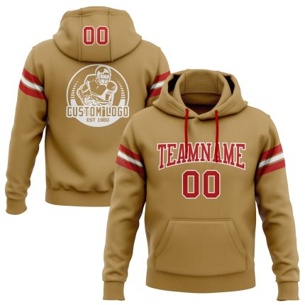 Custom Name Number Football Hoodie Pullover Sweatshirt in Old Gold Red White - Personalized Team Apparel Personalized Stitched