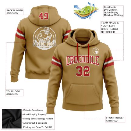 Custom Name Number Football Hoodie Pullover Sweatshirt in Old Gold Red White - Personalized Team Apparel Personalized Stitched