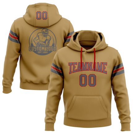 Custom Football Pullover Hoodie with Personalized Name and Number - Stitched Old Gold Steel Gray-Red Sweatshirt Personalized
