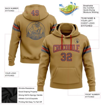 Custom Football Pullover Hoodie with Personalized Name and Number - Stitched Old Gold Steel Gray-Red Sweatshirt Personalized
