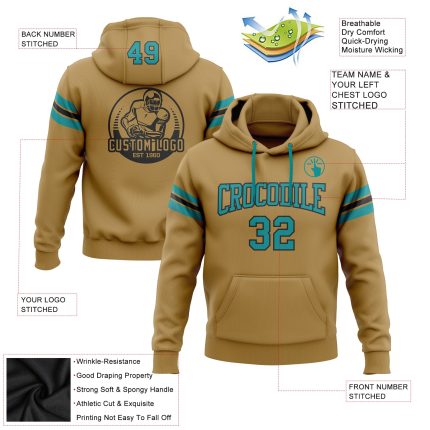 Custom Name and Number Teal-Black Old Gold Football Hoodie Pullover Sweatshirt - Personalized Team Apparel Personalized Stitched