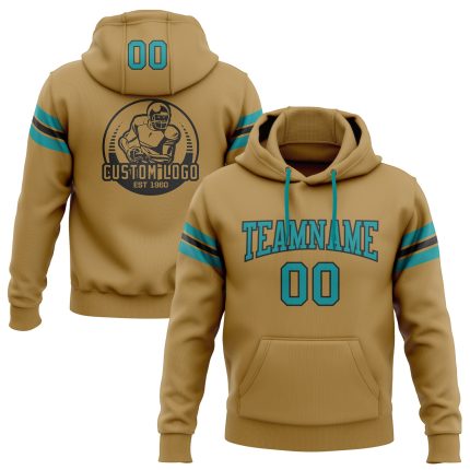 Custom Name and Number Teal-Black Old Gold Football Hoodie Pullover Sweatshirt - Personalized Team Apparel Personalized Stitched