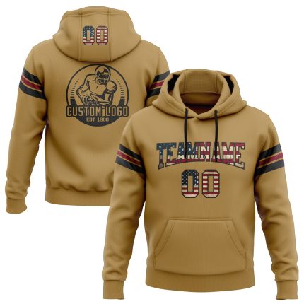 Custom Vintage USA Flag Football Hoodie Personalized Pullover Sweatshirt with Name and Number in Old Gold and Black-Crimson