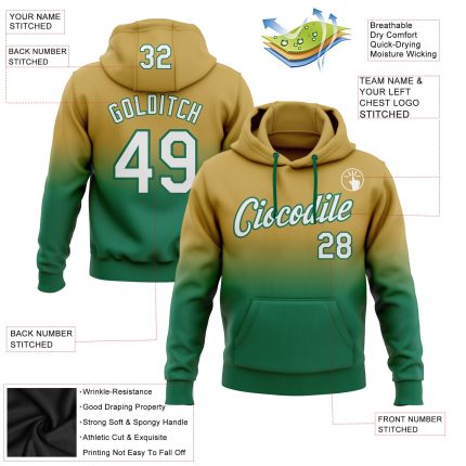 Custom Team Pullover Hoodie with Name & Number - Stitched Old Gold & Kelly Green Fade Sports Sweatshirt Personalized Stitched