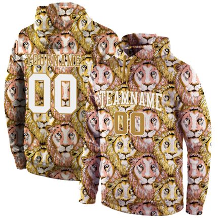 Custom Sports Hoodie for Team with Personalized Name and Number, 3D Pattern Design, Lion Stitched Detail in Old Gold White
