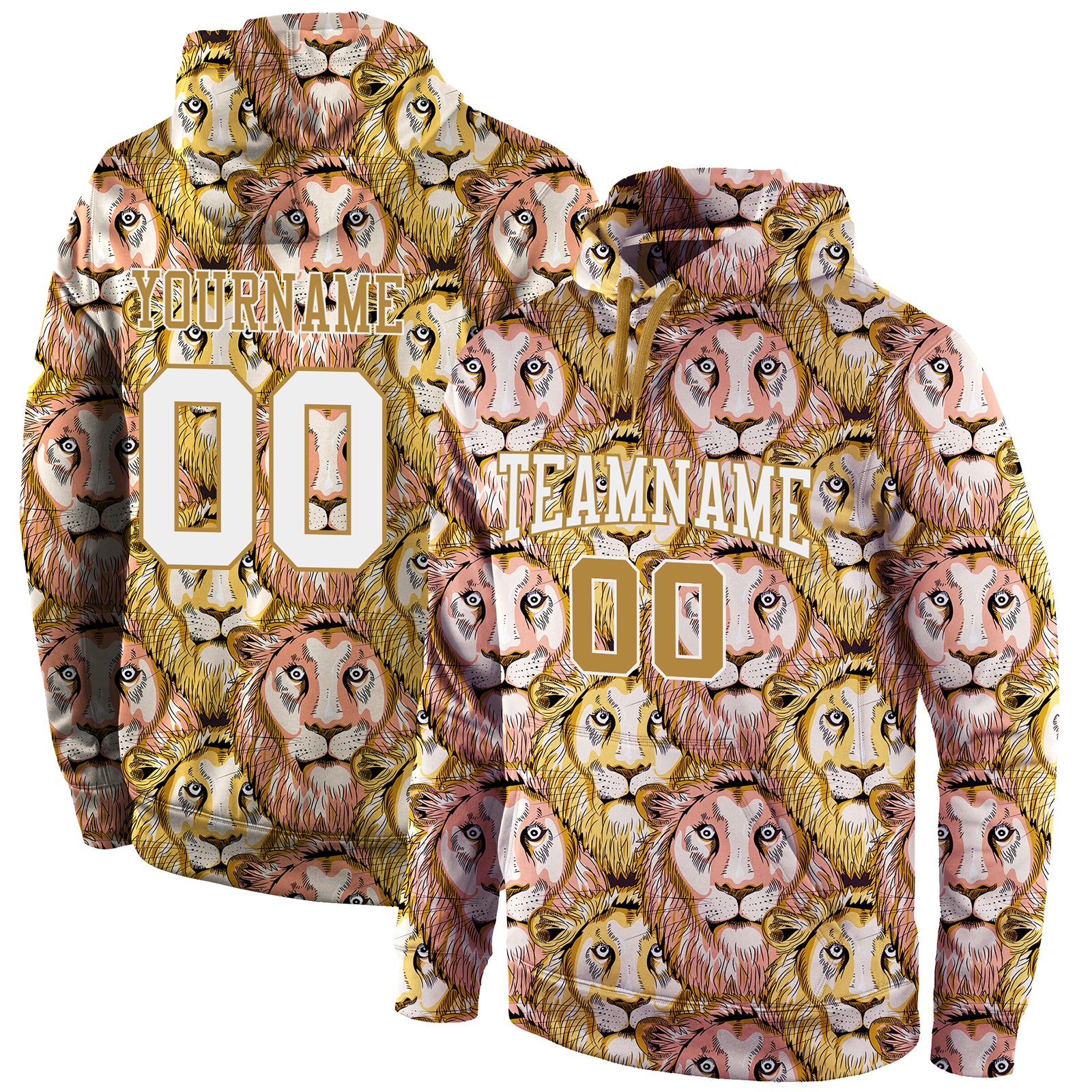 Custom Sports Hoodie for Team with Personalized Name and Number, 3D Pattern Design, Lion Stitched Detail in Old Gold White