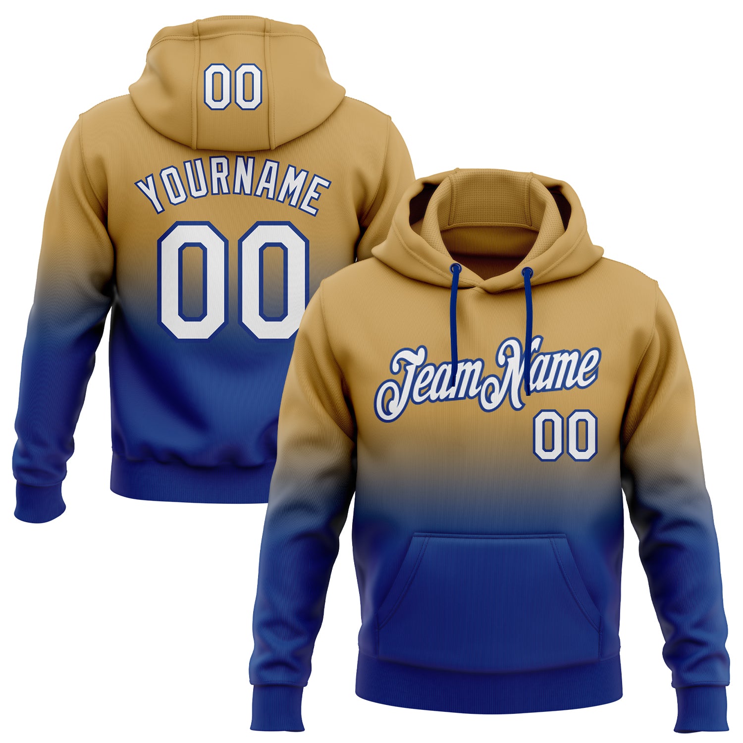 Custom Name Number Hoodie Sports Pullover Sweatshirt Old Gold White-Royal Fade Fashion Team Design Personalized Stitched