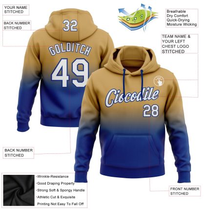Custom Name Number Hoodie Sports Pullover Sweatshirt Old Gold White-Royal Fade Fashion Team Design Personalized Stitched