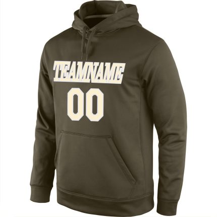 Personalized Olive Cream-White Sports Hoodie with Custom Name & Number - Stitched Salute to Service Pullover Sweatshirt Personalized