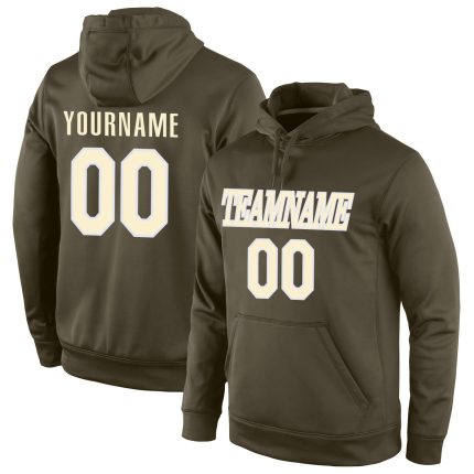 Personalized Olive Cream-White Sports Hoodie with Custom Name & Number - Stitched Salute to Service Pullover Sweatshirt Personalized