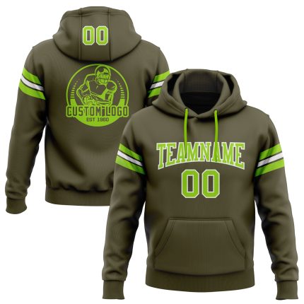 Custom Olive Green White Football Pullover Hoodie with Name and Number - Personalized Stitched Salute to Service Sweatshirt