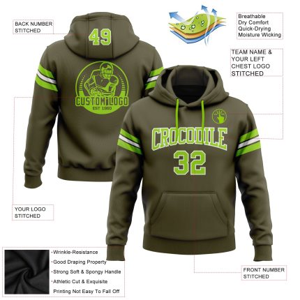 Custom Olive Green White Football Pullover Hoodie with Name and Number - Personalized Stitched Salute to Service Sweatshirt