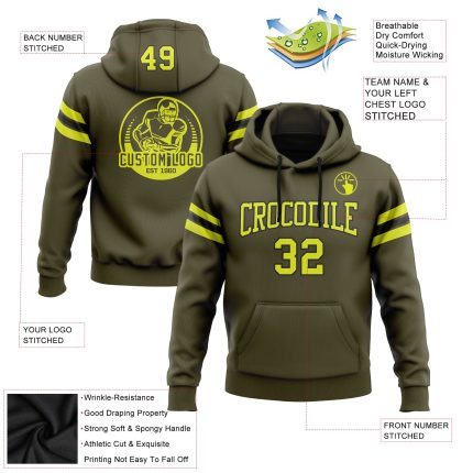 Custom Name and Number Football Hoodie Sweatshirt - Olive Neon Yellow-Black Stitched Salute To Service Pullover Personalized