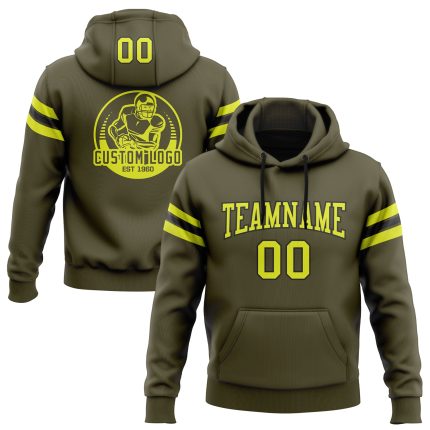 Custom Name and Number Football Hoodie Sweatshirt - Olive Neon Yellow-Black Stitched Salute To Service Pullover Personalized