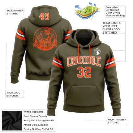 Custom Name and Number Olive Orange White Football Hoodie Sweatshirt Salute to Service Pullover Personalized Stitched Olive