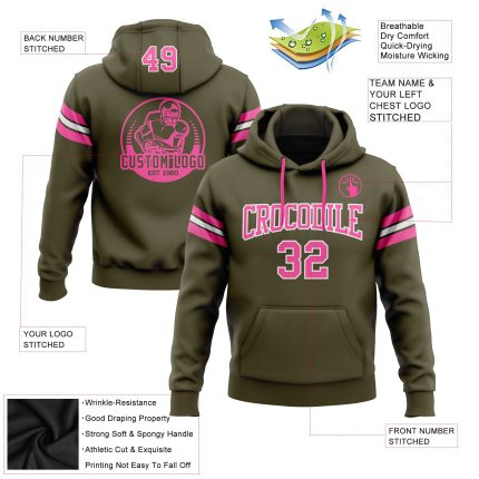 Custom Name and Number Hoodie - Salute to Service Football Pullover Sweatshirt, Personalized Olive Pink-White Design Personalized