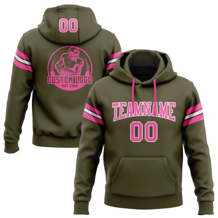 Custom Name and Number Hoodie - Salute to Service Football Pullover Sweatshirt, Personalized Olive Pink-White Design Personalized