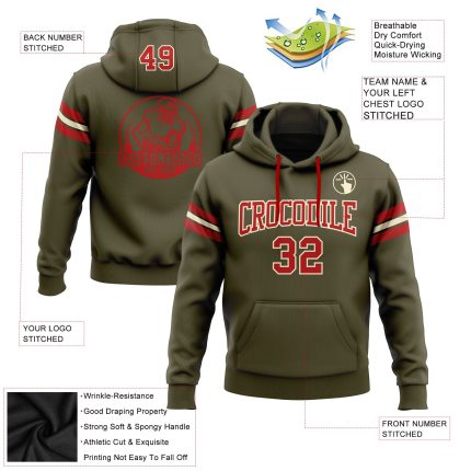Custom Name Number Hoodie - Personalized Stitched Football Pullover Sweatshirt - Olive Red Cream Salute to Service Personalized