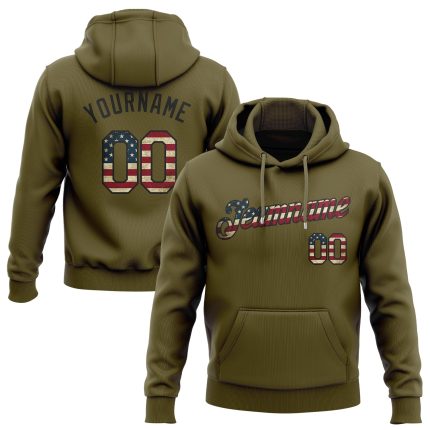 Personalized Olive Vintage USA Flag Black Sports Hoodie Sweatshirt - Stitched Salute To Service Pullover Personalized Stitched