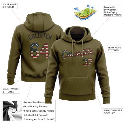 Personalized Olive Vintage USA Flag Black Sports Hoodie Sweatshirt - Stitched Salute To Service Pullover Personalized Stitched