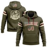 Custom Stitched Vintage USA Flag Football Hoodie with Name & Number - Olive Cream Crimson Pullover Sweatshirt Salute to Service