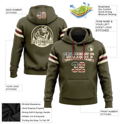 Custom Stitched Vintage USA Flag Football Hoodie with Name & Number - Olive Cream Crimson Pullover Sweatshirt Salute to Service