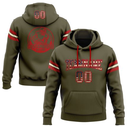 Custom Name Number Vintage USA Flag Pullover Hoodie Red Cream Stitched Football Sweatshirt Salute to Service Personalized