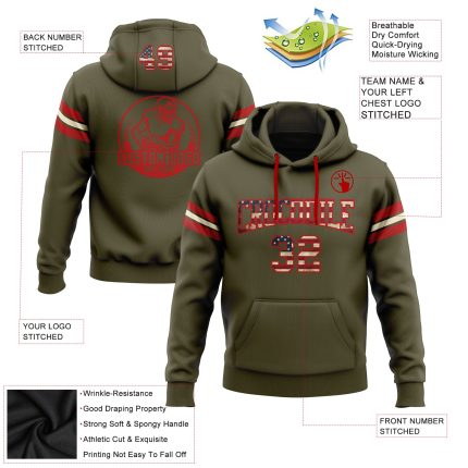 Custom Name Number Vintage USA Flag Pullover Hoodie Red Cream Stitched Football Sweatshirt Salute to Service Personalized