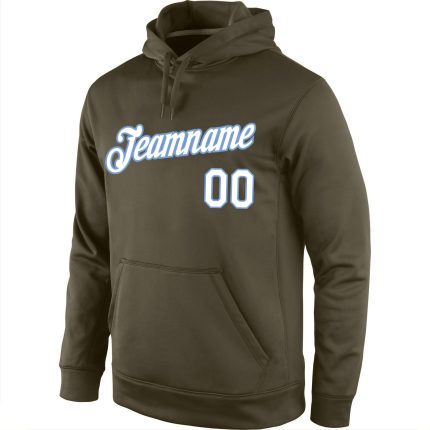 Customizable Olive White Light Blue Sports Pullover Hoodie with Stitched Name and Number - Salute to Service Sweatshirt Personalized