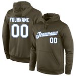 Customizable Olive White Light Blue Sports Pullover Hoodie with Stitched Name and Number - Salute to Service Sweatshirt Personalized