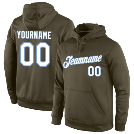 Customizable Olive White Light Blue Sports Pullover Hoodie with Stitched Name and Number - Salute to Service Sweatshirt Personalized