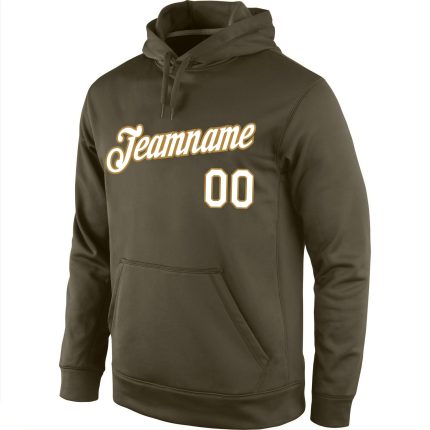 Custom Name and Number Sports Pullover Hoodie Salute To Service - Personalized Stitched Olive White-Old Gold Sweatshirt Personalized