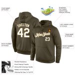 Custom Name and Number Sports Pullover Hoodie Salute To Service - Personalized Stitched Olive White-Old Gold Sweatshirt Personalized