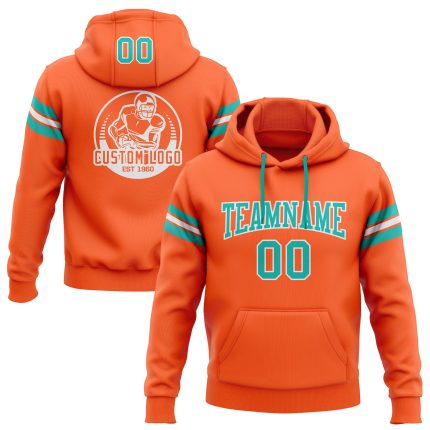 Custom Name Number Personalized Football Hoodie Sweatshirt in Orange Aqua-White Stitched Design for Team Support Personalized