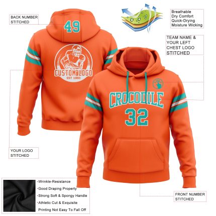 Custom Name Number Personalized Football Hoodie Sweatshirt in Orange Aqua-White Stitched Design for Team Support Personalized