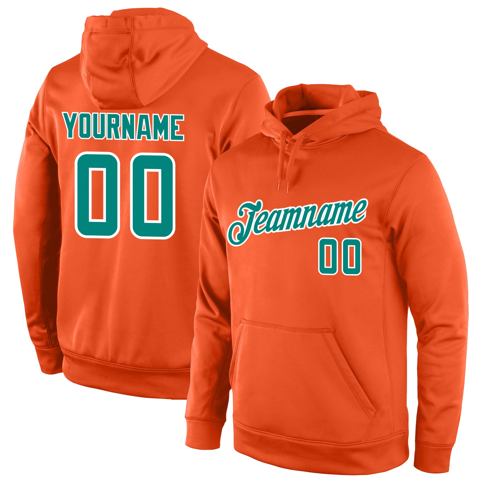 Custom Name Number Orange Aqua White Pullover Hoodie Sweatshirt - Personalized Stitched Sports Apparel Personalized Stitched