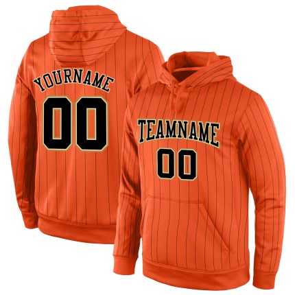 Custom Team Name Number Hoodie Sports Pullover Sweatshirt - Personalized Black Orange Gold Pinstripe Design Personalized
