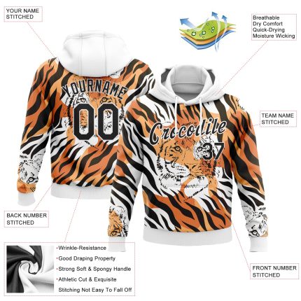 Custom Name Number 3D Tiger Sports Hoodie Sweatshirt with Stitched Orange Black-White Pattern Design Personalized Stitched