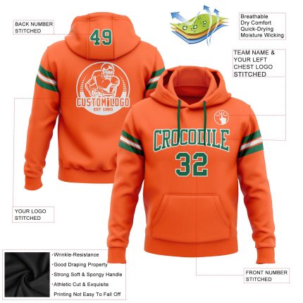 Custom Name & Number Football Hoodie Sweatshirt - Personalized Stitched Orange & Kelly Green-White Pullover Personalized