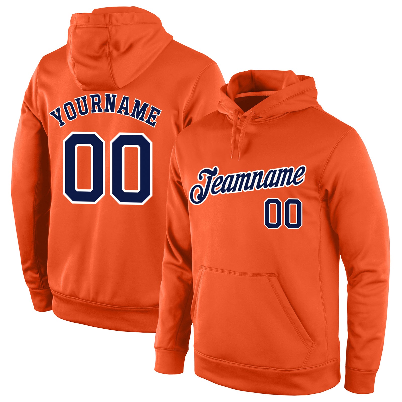 Custom Sports Hoodie with Personalized Name & Number - Stitched Orange Navy-White Pullover Sweatshirt Personalized Stitched