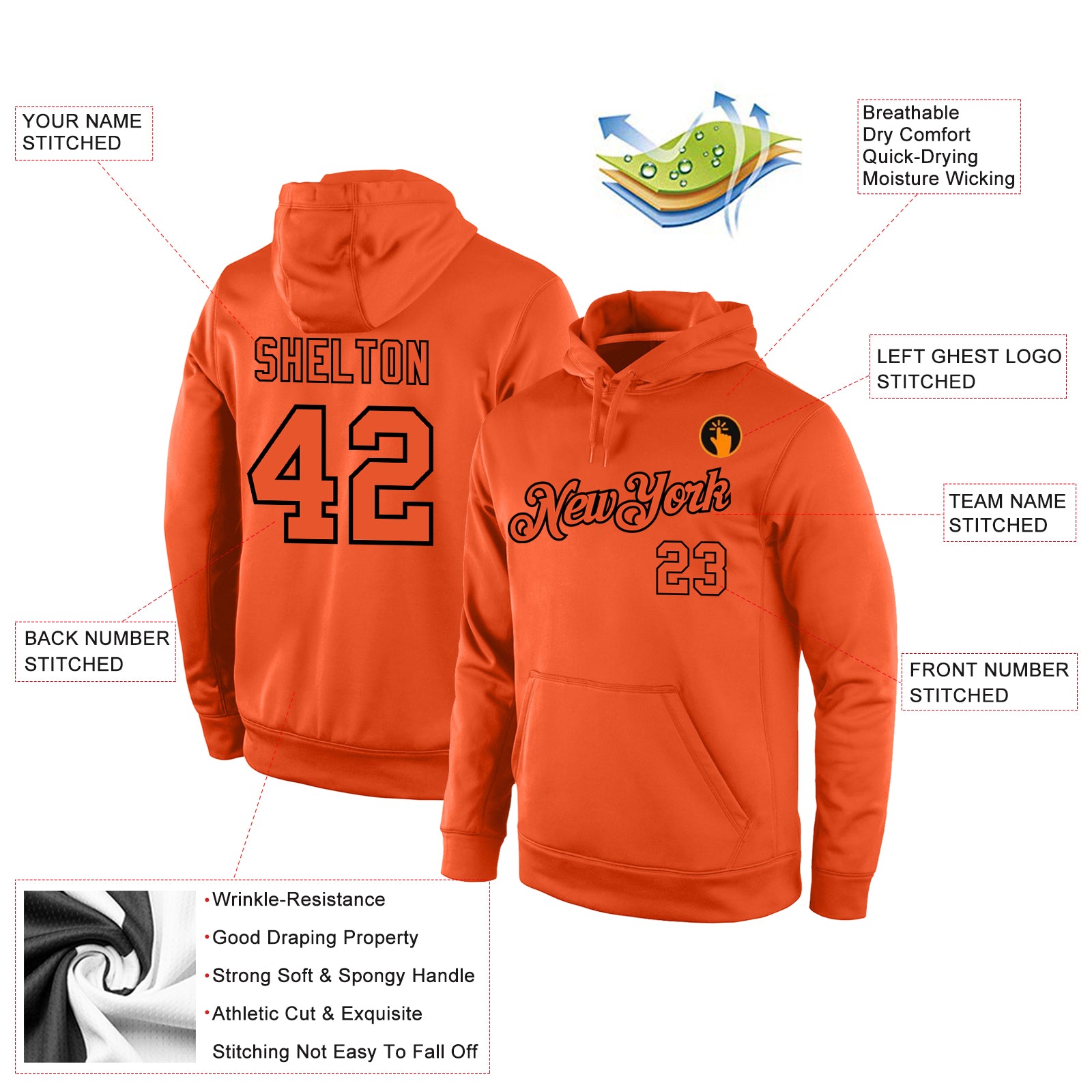 Personalized Stitched Orange Orange-Black Sports Pullover Sweatshirt Hoodie Team Custom Name and Number Custom Name & Number Orange-Black Sports Hoodie Sweatshirt Pullover for Team - Personalized Stitched Design Personalized - Image 4