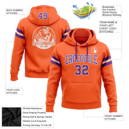 Custom Team Hoodie with Name and Number - Personalized Stitched Football Sweatshirt in Orange, Purple, and White Personalized
