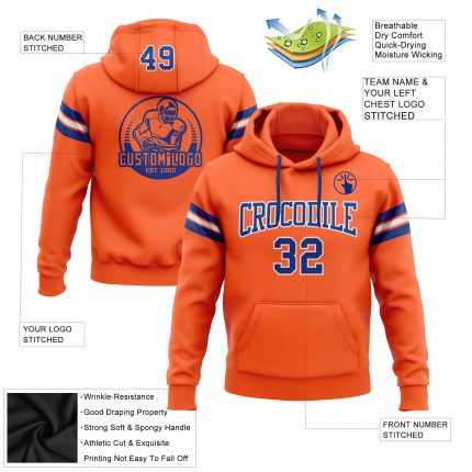 Custom Team Name and Number Orange Royal-White Hoodie Sweatshirt Pullover - Personalized Stitched Football Apparel Personalized