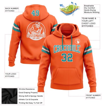Custom Team Hoodie with Personalized Name and Number - Stitched Orange Teal-White Football Pullover Sweatshirt Personalized