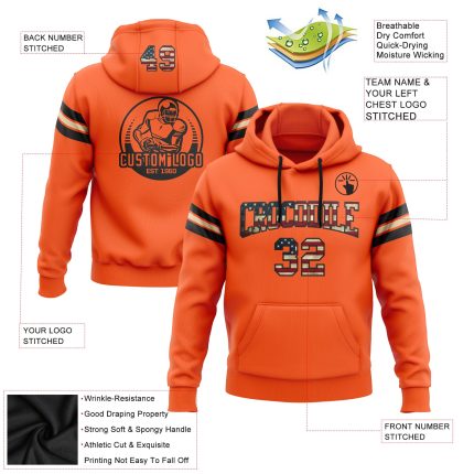 Customizable Vintage USA Flag Hoodie with Team Name & Number - Orange Football Pullover Sweatshirt Personalized Stitched