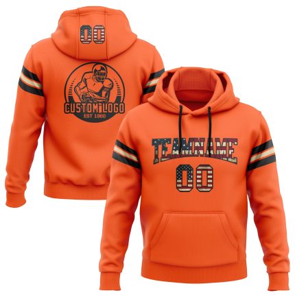 Customizable Vintage USA Flag Hoodie with Team Name & Number - Orange Football Pullover Sweatshirt Personalized Stitched