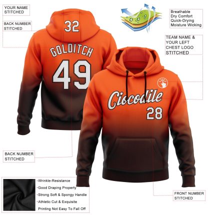 Custom Team Name Number Hoodie Sweatshirt - Personalized Stitched Orange White-Brown Fade Fashion Sports Pullover Personalized